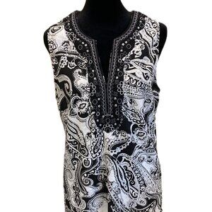 Black & White Sleeveless  Top Embroidered Trim Tunic Paisley  Women's Size Small
